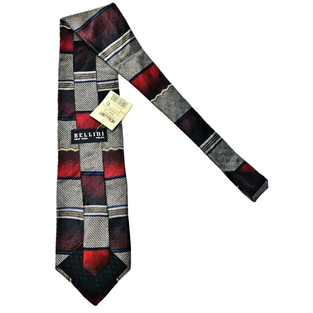 Bellini Silk Necktie‎ Mens OS Burgundy Silver NWT Vintage 90s Striped Wide Tie